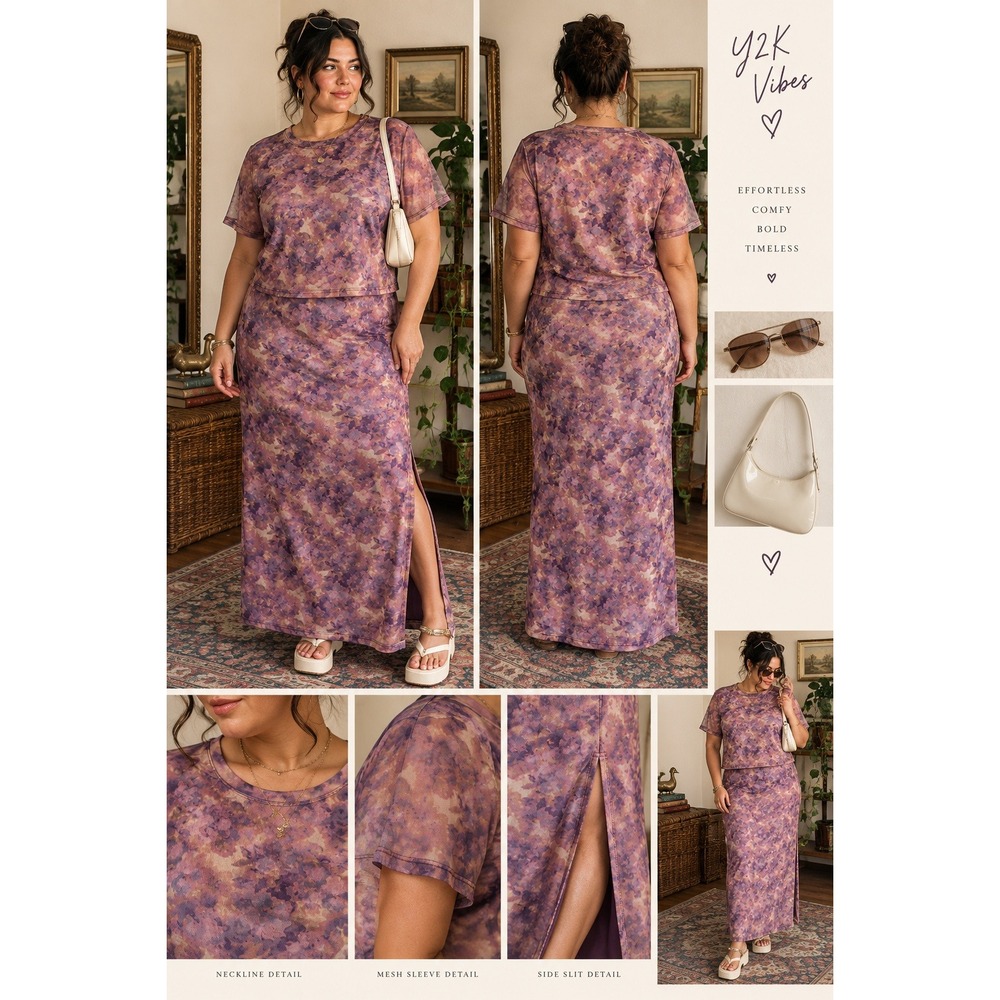 Y2K Floral Mesh 2 Piece Skirt Set No Boundaries XL 16-18 Purple Sheer Top